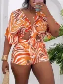 LW Vacation Polyester V Neck Bandage Design Geometric Pattern Short Sleeve Two-piece Shorts Set