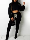 LW BASICS Casual Polyester Hooded Collar Drawstring Solid Color Long Sleeve Two-piece Pants Set