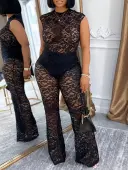 LW SXY Sxy Polyester Round Neck Lace Solid Color Sleeveless Two-piece Pants Set