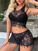 LW SXY Sxy Polyester Round Neck Lace Solid Color Sleeveless Two-piece Skirt Set