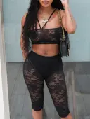 LW SXY Sxy Polyester Strapless Lace Solid Color Sleeveless Two-piece Pants Set