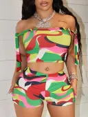 LW Vacation Polyester Bateau Neck Pattern Geometric Sleeveless Two-piece Shorts Set
