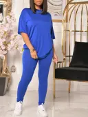 LW BASICS Casual Polyester Round Neck Solid Color Short Sleeve Two-piece Pants Set