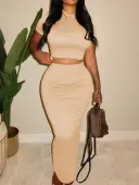 LW BASICS Casual Polyester Round Neck Solid Color Short Sleeve Two-piece Skirt Set
