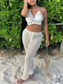 LW Vacation Polyester V Neck Tassel Design Solid Color Sleeveless Two-piece Pants Set