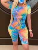 LW Street Polyester Round Neck Pattern Tie Dye Short Sleeve Two-piece Shorts Set