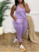 LW BASICS Plus Size U Neck Drawstring Light One-piece Jumpsuit 1X