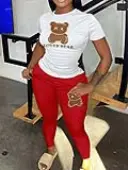 LW Plus Size Cartoon Lover Bear Print Pants Set 2X