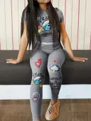LW Cartoon Loyalty Is Better Than Love Print Pants Set