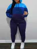 LW BASICS Plus Size Kangaroo Pocket Patchwork Drawstring Tracksuit Set 2X