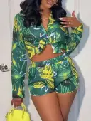 LW Turndown Collar Plant Lip Print Shorts Set