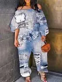 LW Plus Size Imitation Denim Off The Shoulder Loose Jumpsuit 3X