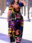 LW Pattern Lip Print Maxi Dress