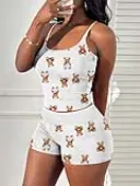LW Casual Polyester U Neck Animal Print Cartoon Sleeveless Two-piece Shorts Set