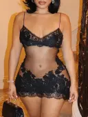 LW SXY See Through Lace Solid Color Mini Dress