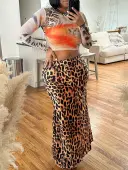 LW Casual Polyester Round Neck Pattern Leopard Print Long Sleeve Leopard Two-piece Skirt Set