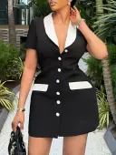 LW BASICS Patchwork Color Contrast Black And White Mini Dress