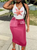 LW Vacation Polyester Collarless Pattern Floral Sleeveless Two-piece Skirt Set