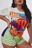 Lovely Casual Print Green Plus Size Two-piece Shorts Set 5X