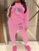 LW Plus Size Fleece Pink Letter Print Tracksuit Set 1X