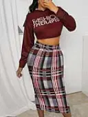 LW Hooded Collar Crop Top Plaid Letter Print Skirt Set
