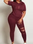 LW Plus Size Hooded Collar Ripped Pants Set 2X