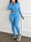 LW Zipper Design Solid Color Two-piece Pants Set
