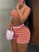 LW Casual Polyester Round Neck Patchwork Color Contrast Sleeveless Two-piece Shorts Set