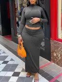 LW BASICS Casual Polyester Mock Neck Solid Color Long Sleeve Two-piece Skirt Set