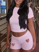 LW Sweet Polyester Round Neck Cut Out Solid Color Short Sleeve Two-piece Shorts Set