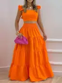 LW Vacation Polyester Square Collar Solid Color Sleeveless Two-piece Skirt Set