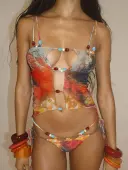 LW Vacation Polyester Collarless Pattern Mixed Print Sleeveless Two-piece Skirt Set