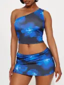 LW Vacation Polyester One Shoulder Pattern Medium Flower Print Sleeveless Two-piece Skirt Set