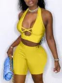 LW SXY Street Bandage Hollow-out Design Yellow Two Piece Shorts Set