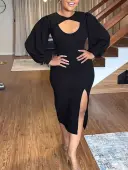 LW BASICS Plus Size Lantern Sleeve Cut Out Slit Dress 2X
