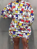 LW BASICS Plus Size Geometric Print Ruched Drawstring Dress 5X
