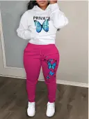 LW Butterfly Letter Print Kangaroo Pocket Tracksuit Set