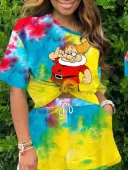 LW Plus Size Cartoon Print Tie Dye Drawstring Shorts Set 2X