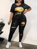 LW Plus Size Lip Letter Print Ripped Pants Set 3X