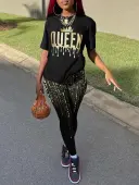 LW Crown Queen Letter Print Pants Set