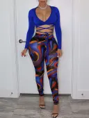 LW Bandage Design Mixed Print Two-piece Pants Set