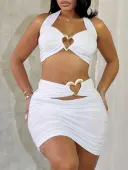 LW Sweet Polyester Halter Cut Out Solid Color Sleeveless Two-piece Skirt Set