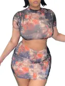 LW Casual Polyester Mock Neck Pattern Tie Dye Short Sleeve Two-piece Skirt Set