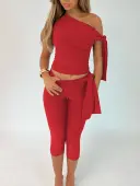 LW Casual Polyester One Shoulder Bandage Design Solid Color Sleeveless Two-piece Pants Set