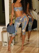 LW SXY Sxy Polyester U Neck Pattern Mixed Print Sleeveless Two-piece Pants Set