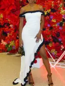 LW Ruffle Hem Solid Color Prom Dress