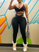 LW SXY Sxy Polyester V Neck Bandage Design Solid Color Sleeveless Two-piece Pants Set
