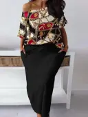 LW Plus Size One Shoulder Chain Print Pocket Design Skirt Set 3X