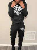 LW Men Spider Web Print Kangaroo Pocket Tracksuit Set
