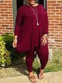 LW BASICS Plus Size Round Neck Asymmetrical Pants Set 1X